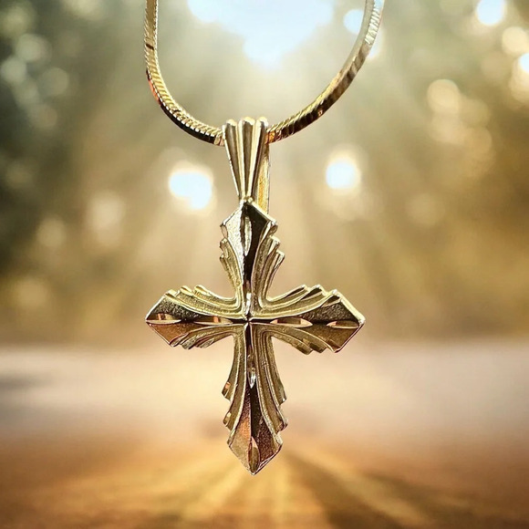 💛✨14K Yellow Gold Diamond-Cut Cross Slide Pendant Necklace - Picture 3 of 13